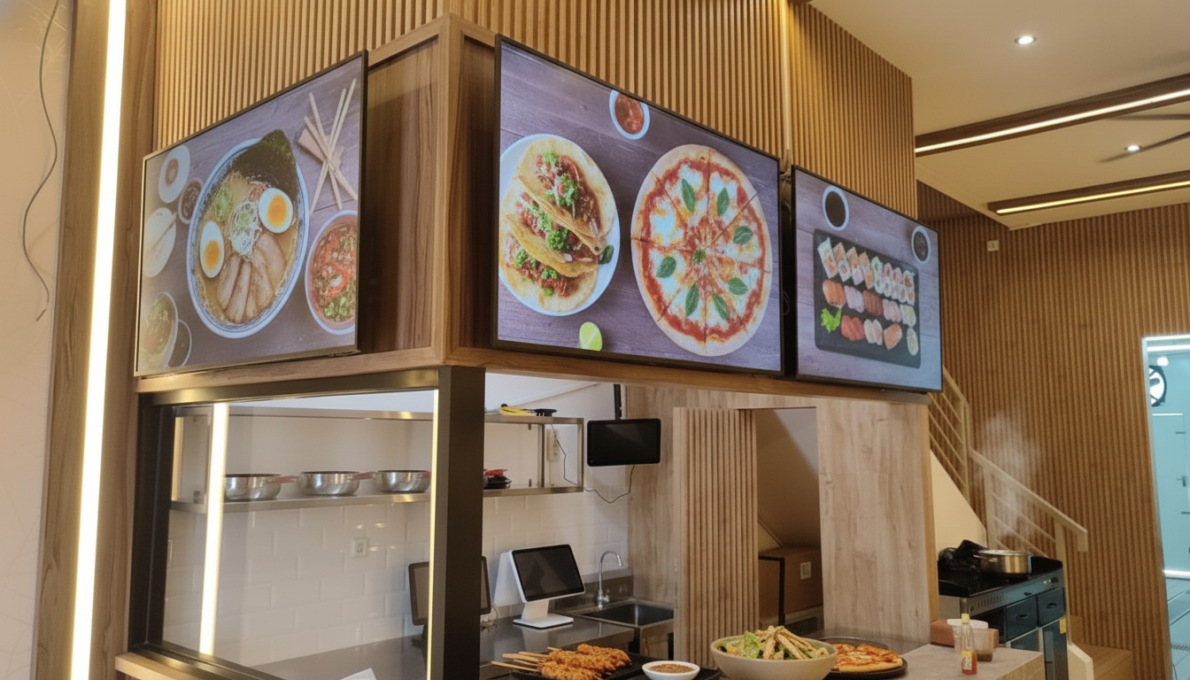 Digital signage displaying promotional videos or new product posters